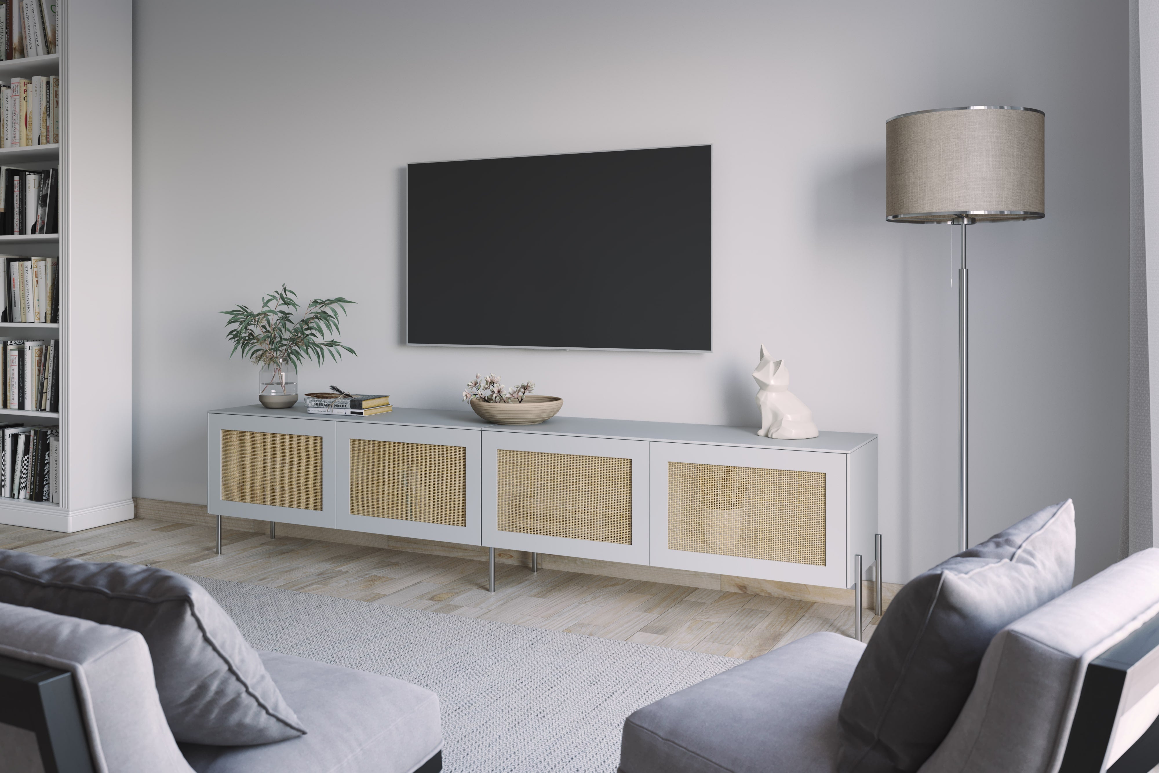 Cane doors on Besta TV stand from IKEA