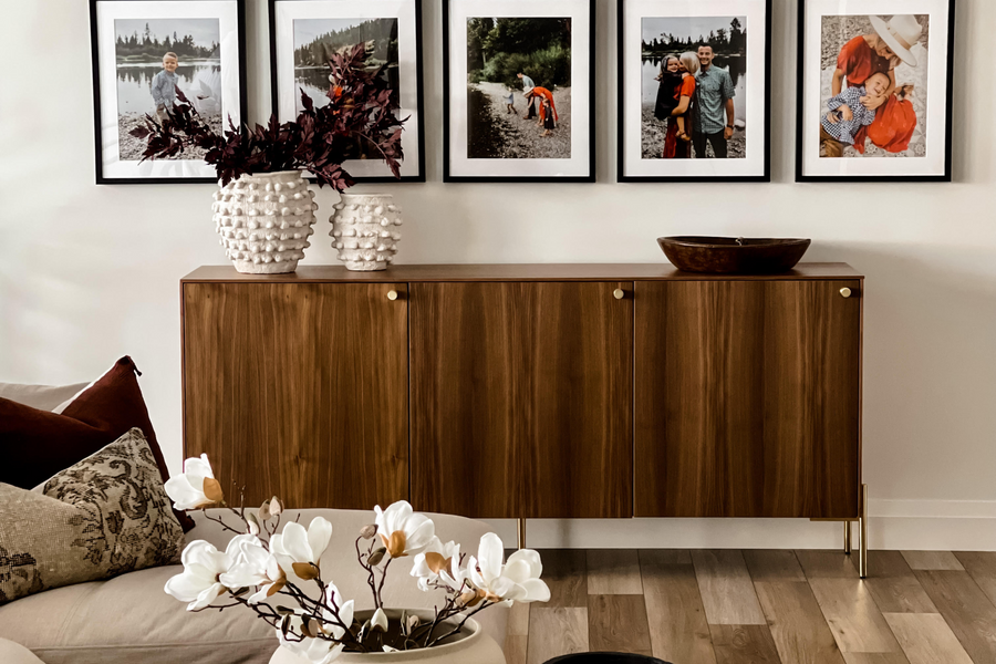 Walnut triple doors with brass accessories from Norse Interiors on an IKEA Besta frame