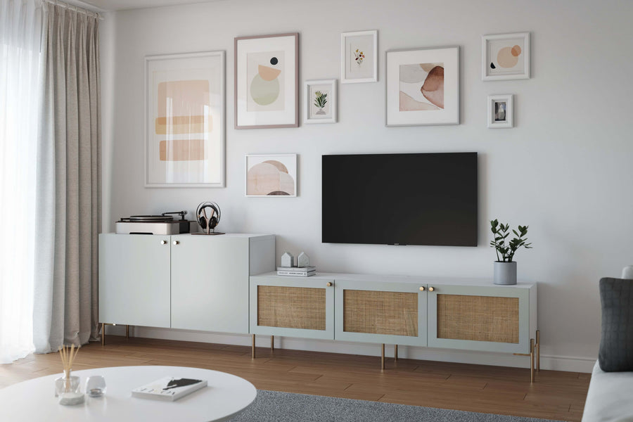 Cane and Amelia doors in silver sage on two double IKEA Besta frames with brass accessories from Norse Interiors