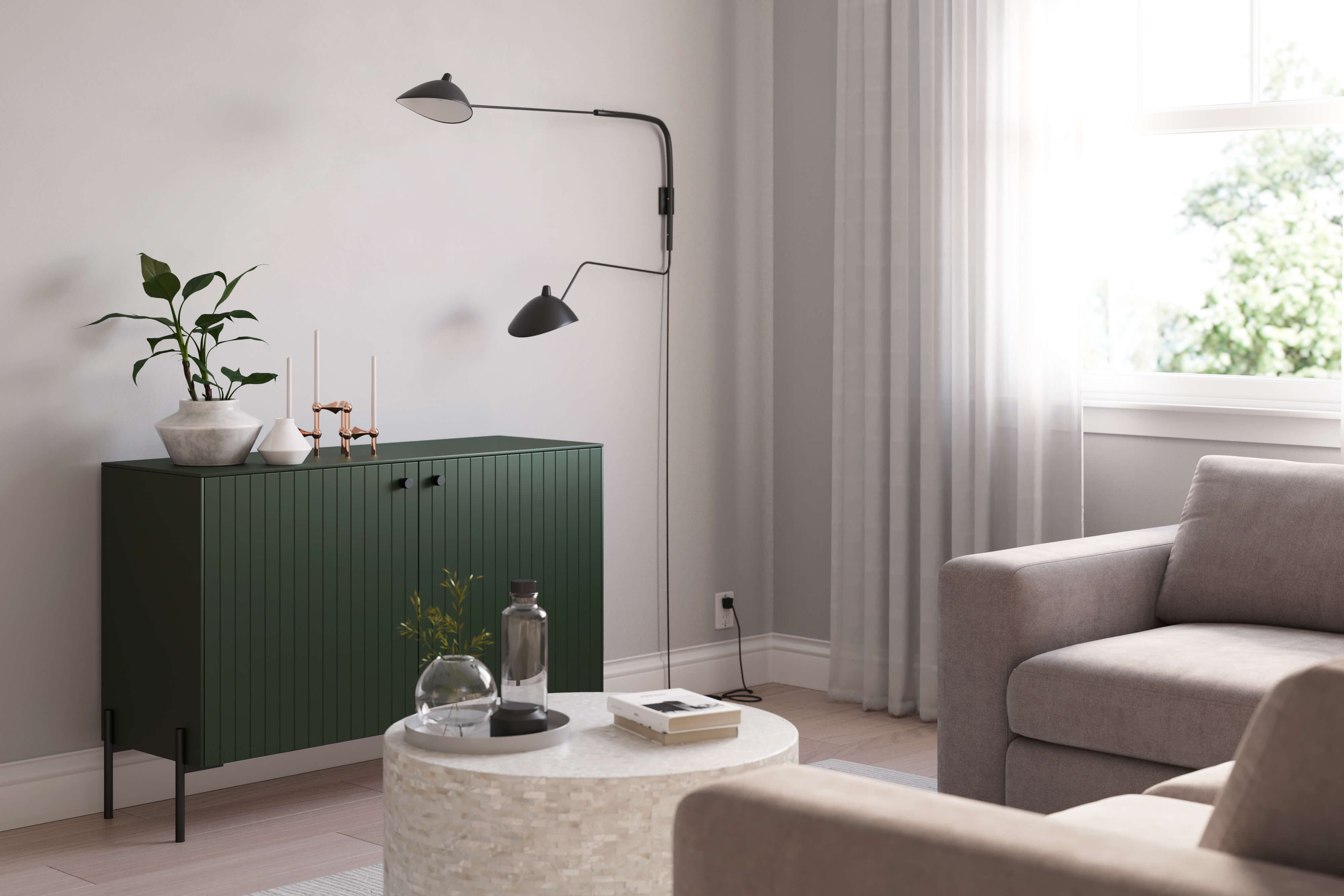 Astrid doors in luxe green with black hardware from Norse Interiors on an IKEA double Besta frame 