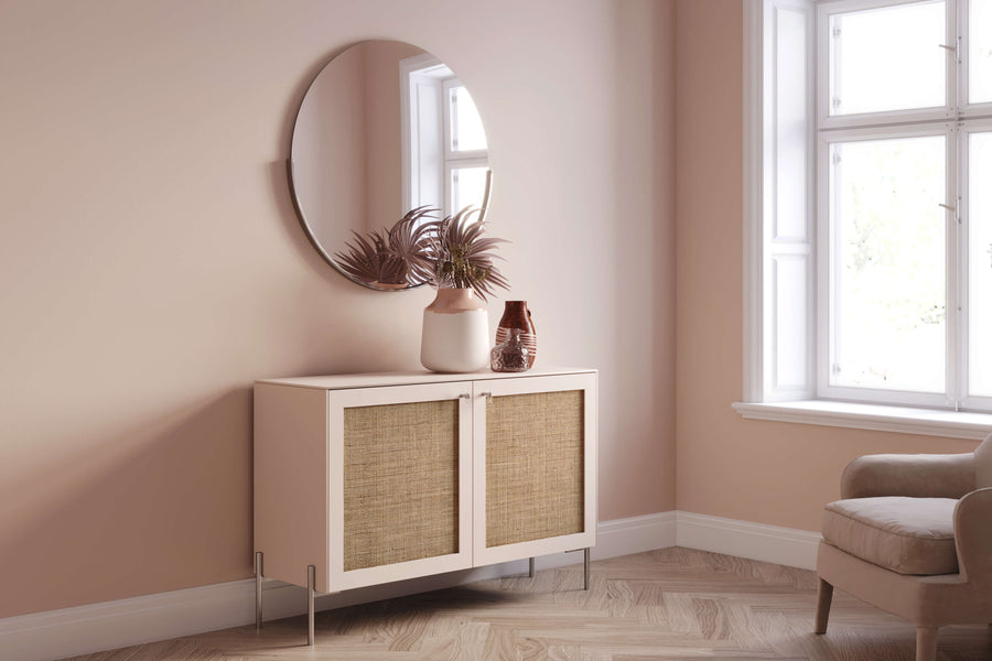 Pale blush cane doors on an IKEA Besta with chrome accessories from Norse Interiors