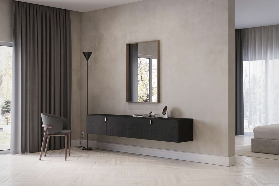 Frida doors in charcoal on two Besta frames from IKEA with chrome pulls from Norse Interiors