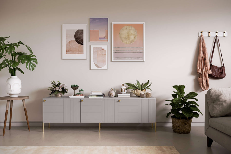 Marie doors in perfect gray on a Besta TV stand from IKEA