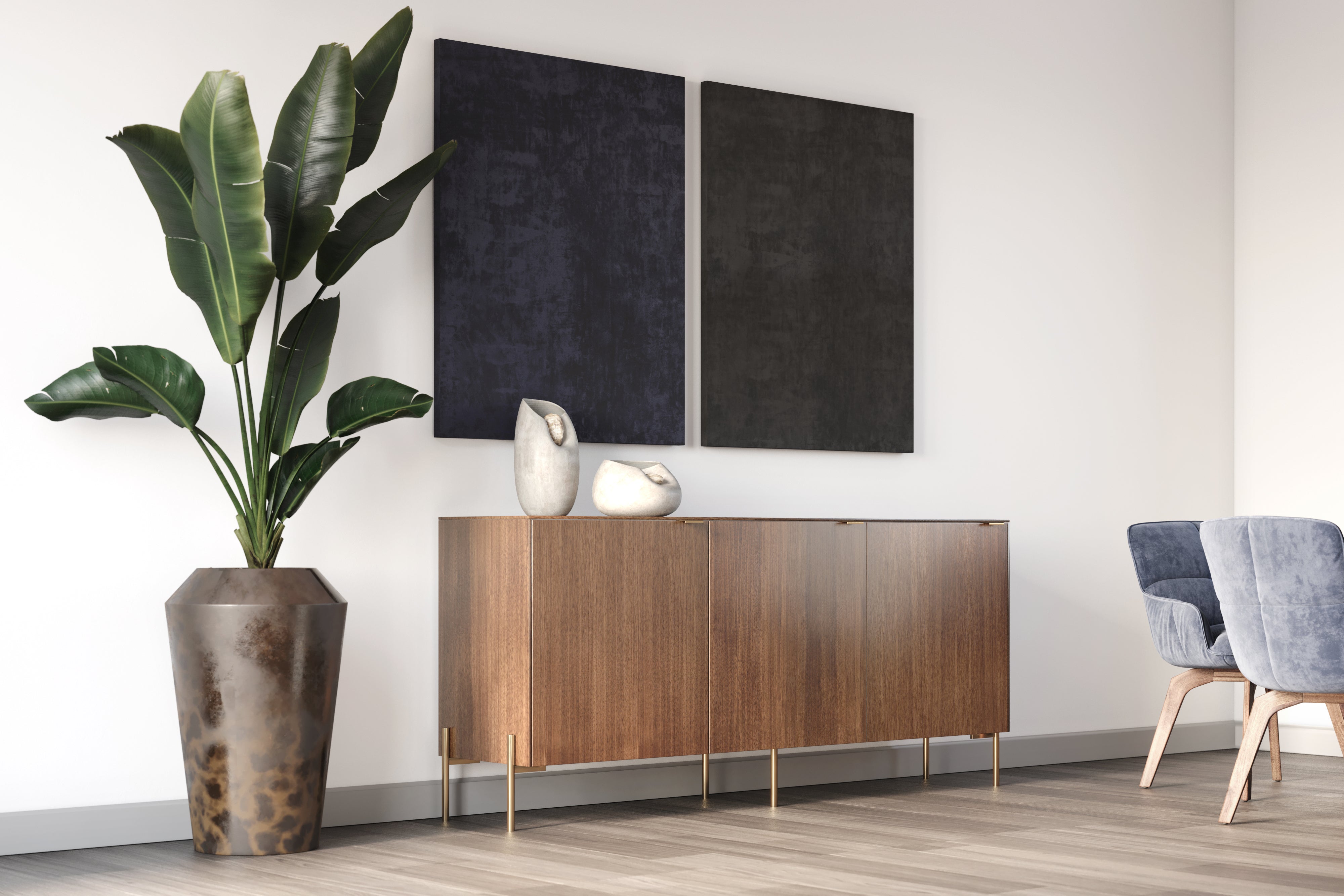 Walnut triple doors on a Besta frame from IKEA with brass accessories from Norse Interiors