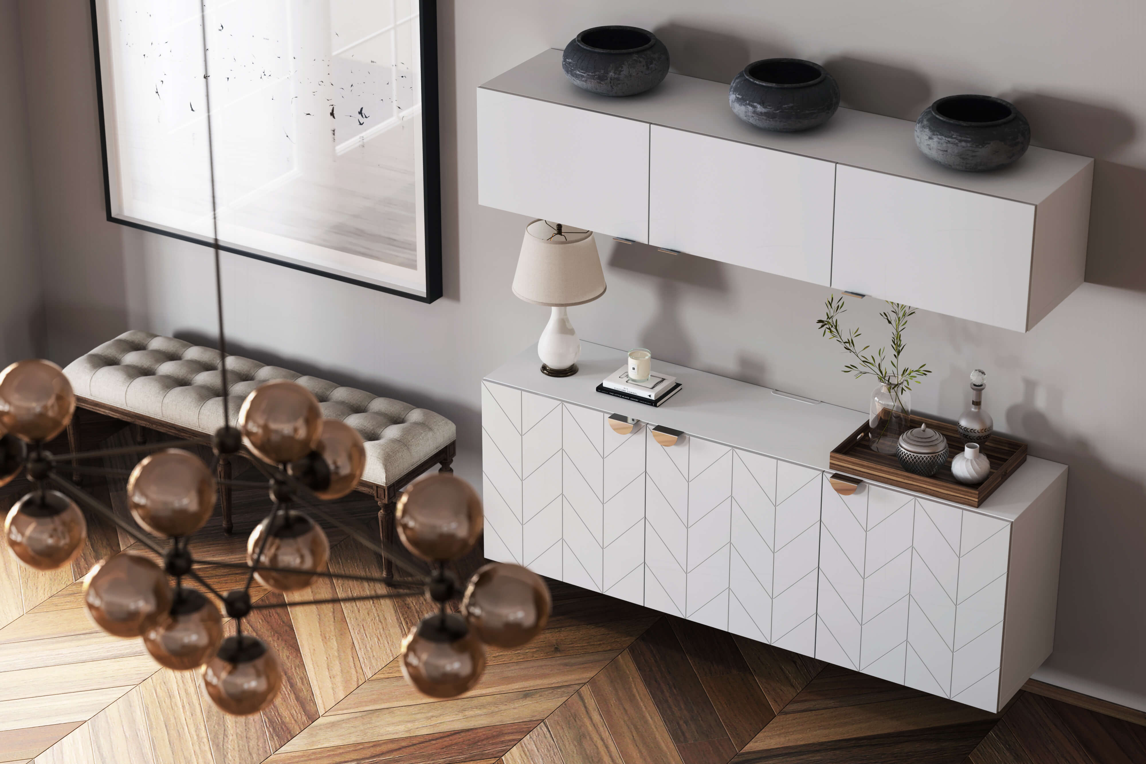 White sideboard with white mounted storage above
