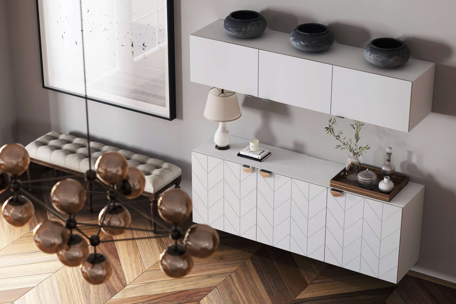 White sideboard with white mounted storage above